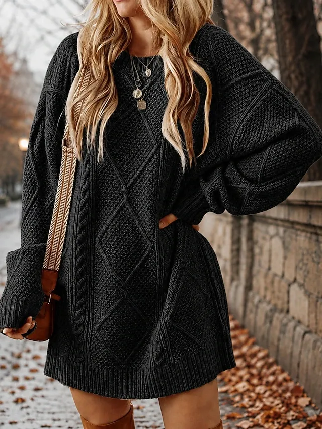 Women's Mini Dress Shift Dress Sweater Dress Classic Casual Daily Vacation Plain Long Sleeve Crew Neck Khaki Black Wine Apricot Fall Winter