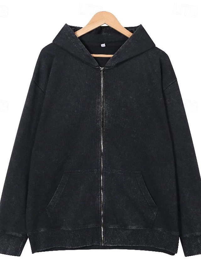 Women's Cotton Vintage wash Zip Up Hoodies Plain Active Vintage Casual Long Sleeve Hooded Regular Tops