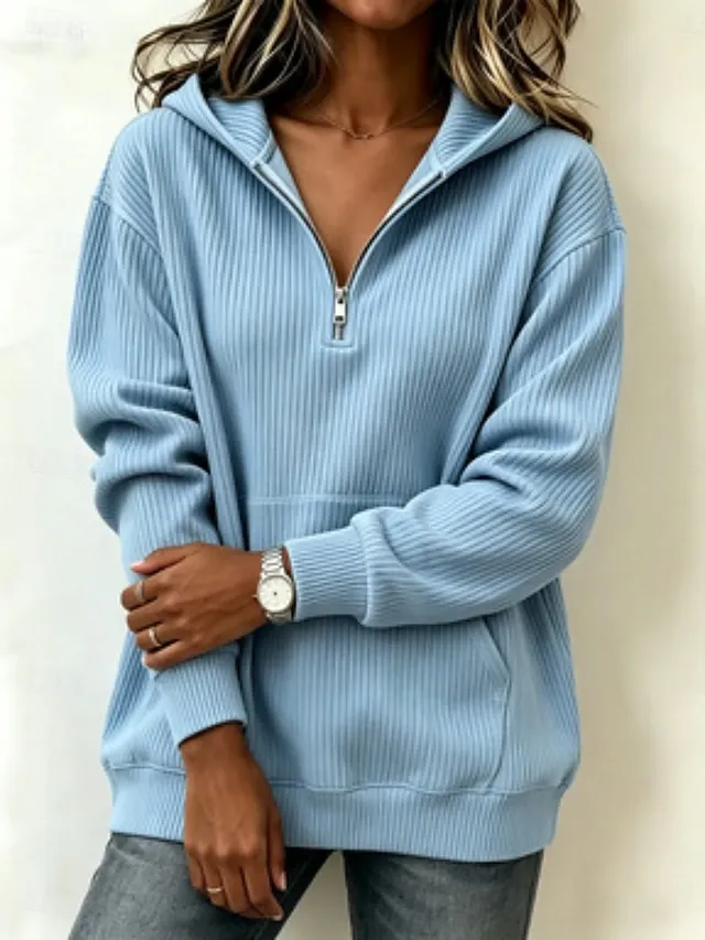 Women's Shirt Velvet Zipper Solid Color Casual Long Sleeve Hooded Regular Tops
