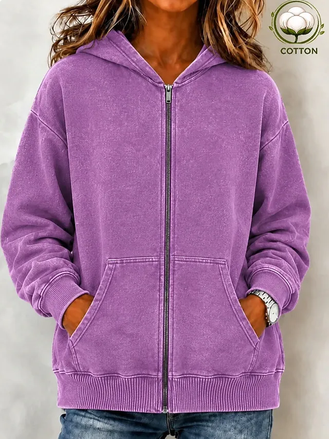Women's Cotton Vintage wash Zip Up Hoodies Plain Active Vintage Casual Long Sleeve Hooded Regular Tops