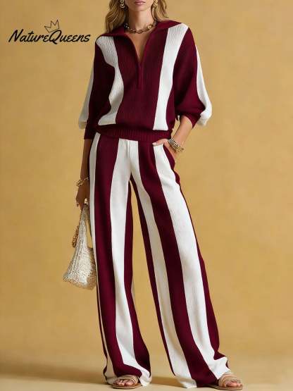 Women's Striped Print Cardigan Collar Three-quarter Sleeve Knitted Top And High-waisted Casual Loose Wide-leg Pants Knitted Set.