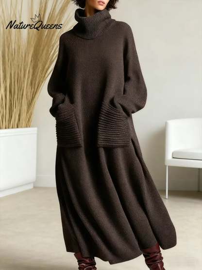 Women's Solid Color High-Neck Long-Sleeve Casual Loose Knit Dress