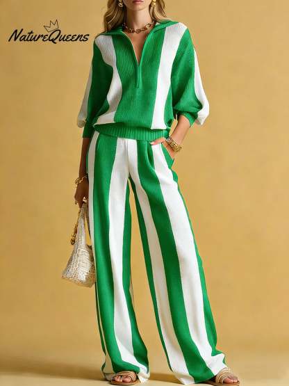 Women's Striped Print Cardigan Collar Three-quarter Sleeve Knitted Top And High-waisted Casual Loose Wide-leg Pants Knitted Set.
