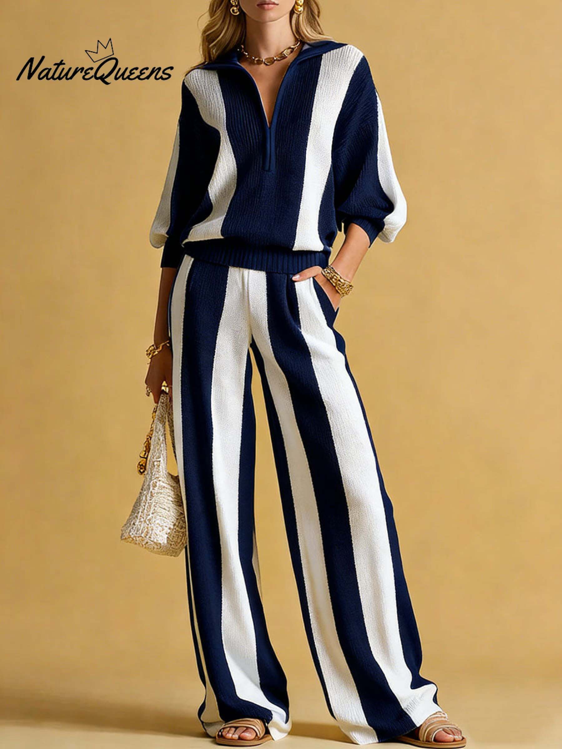 Women's Striped Print Cardigan Collar Three-quarter Sleeve Knitted Top And High-waisted Casual Loose Wide-leg Pants Knitted Set.