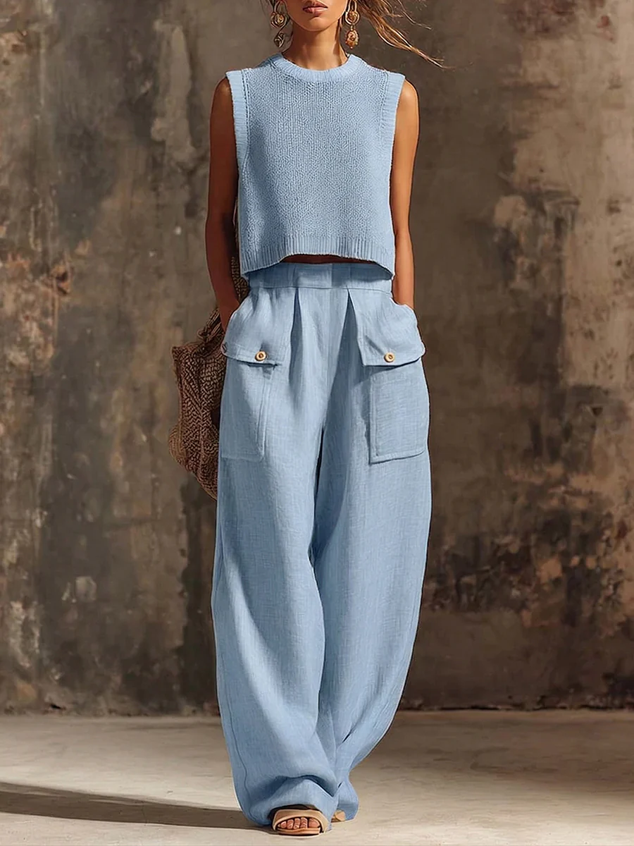 Elegant Round-Neck Knit Top and Casual Cotton-Linen Wide-Leg Cargo Pants Set