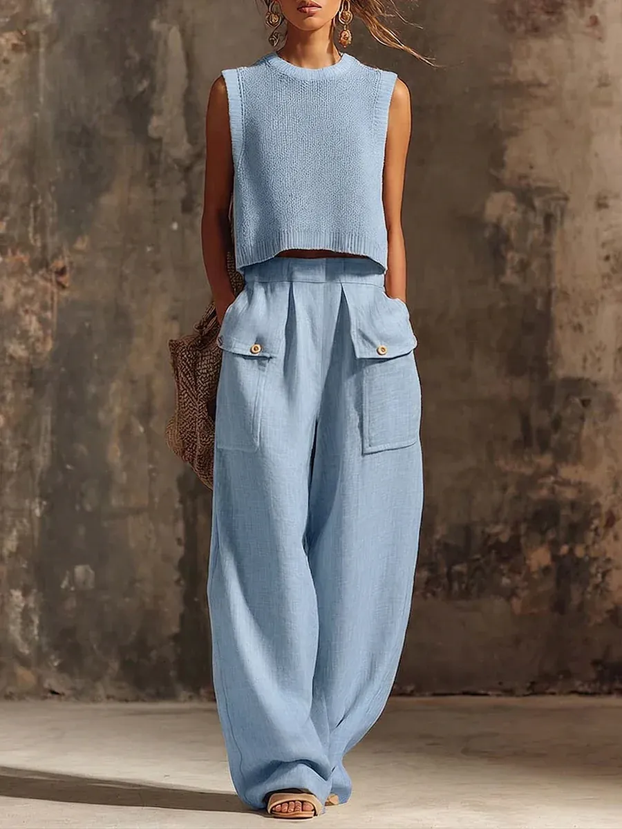 Elegant Round-Neck Knit Top and Casual Cotton-Linen Wide-Leg Cargo Pants Set