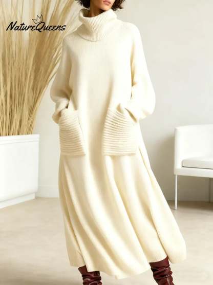 Women's Solid Color High-Neck Long-Sleeve Casual Loose Knit Dress