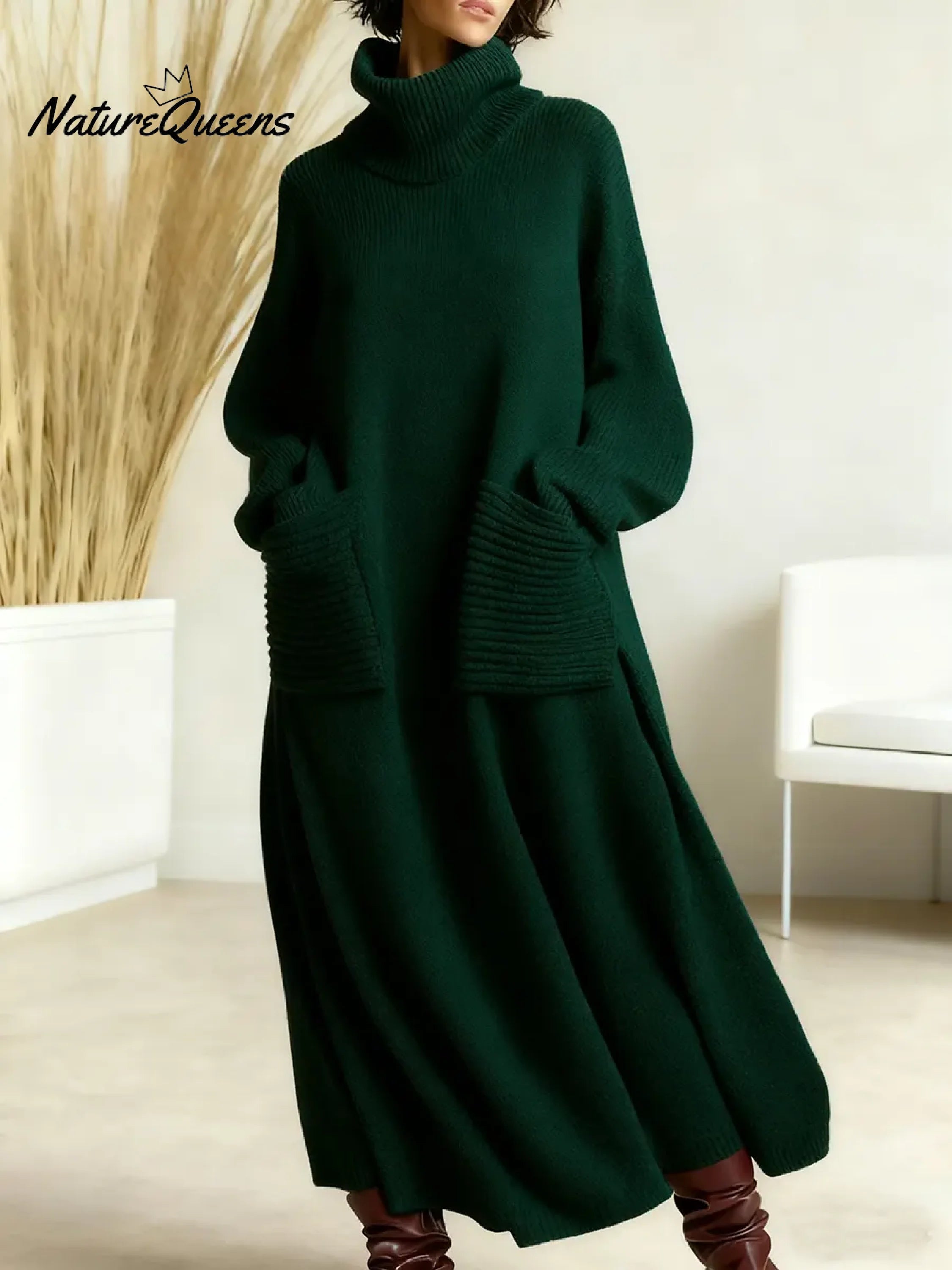 Women's Solid Color High-Neck Long-Sleeve Casual Loose Knit Dress