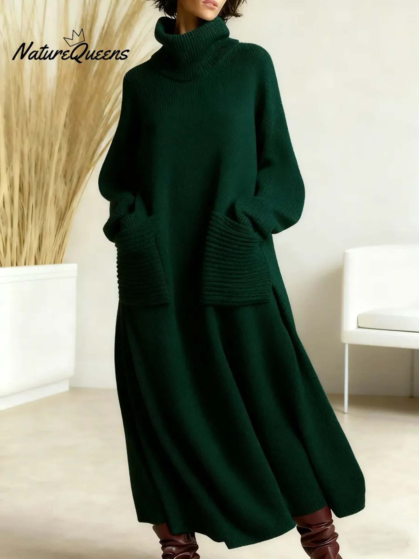 Women's Solid Color High-Neck Long-Sleeve Casual Loose Knit Dress