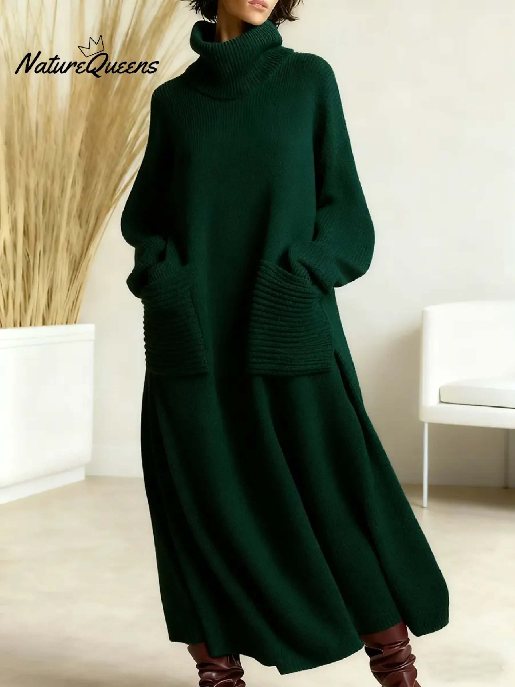 Women's Solid Color High-Neck Long-Sleeve Casual Loose Knit Dress