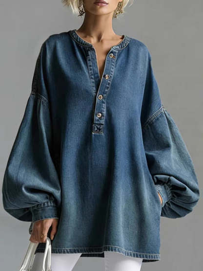 Long Sleeves Loose Buttoned Split-Joint Round-Neck Blouses&Shirts Tops