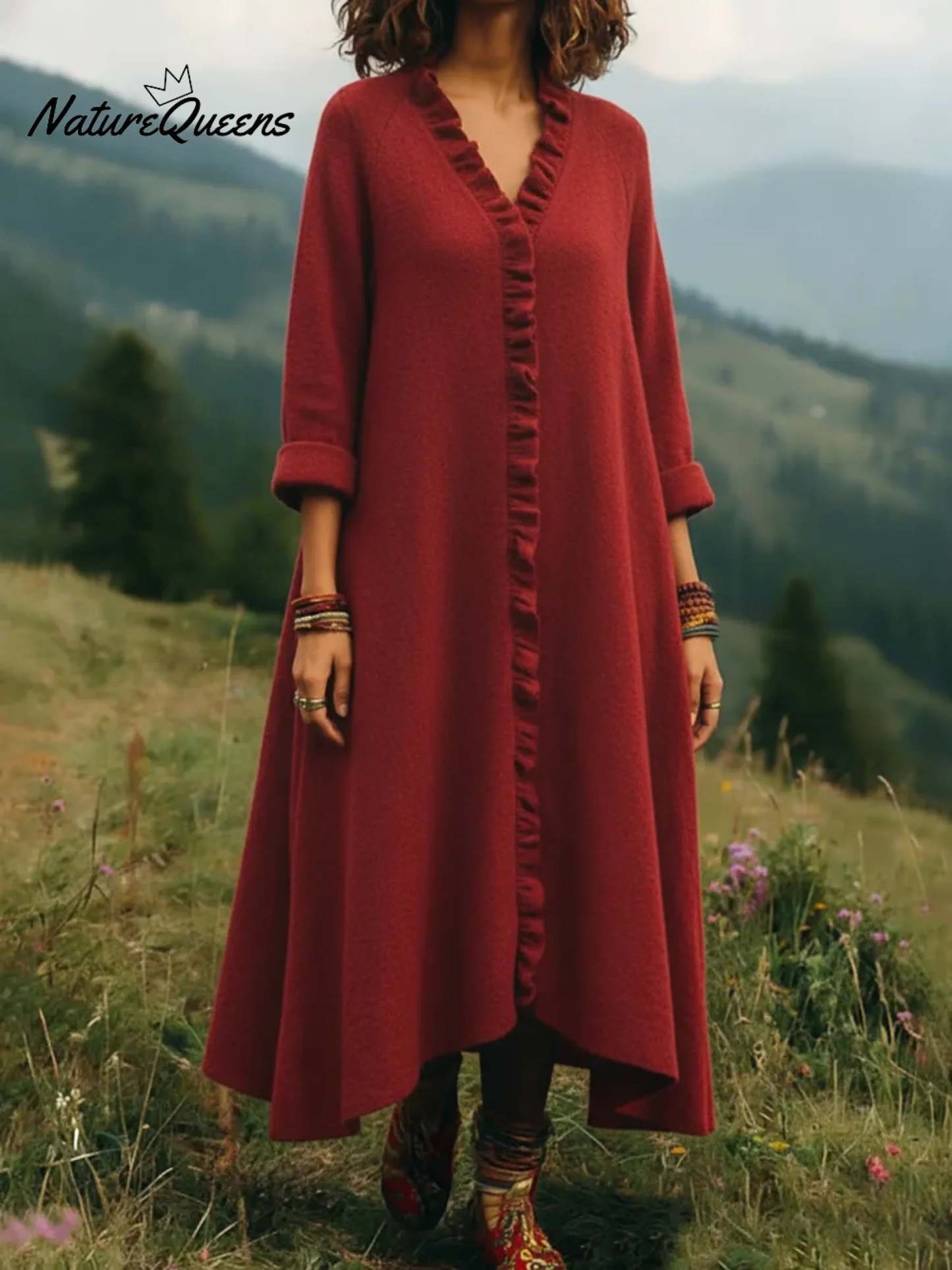 Elegant Lace-trimmed V-neck Knitted Dress