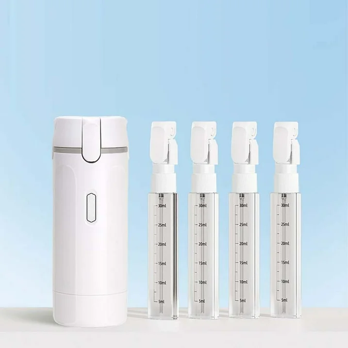 4 in 1 Travel Dispenser Bottle, 4 Pack 30ML Refillable Travel Formula Dispenser Bottles Pump, for Toiletries, with Scale Label Shampoo Lotion Conditioner Cream Storage