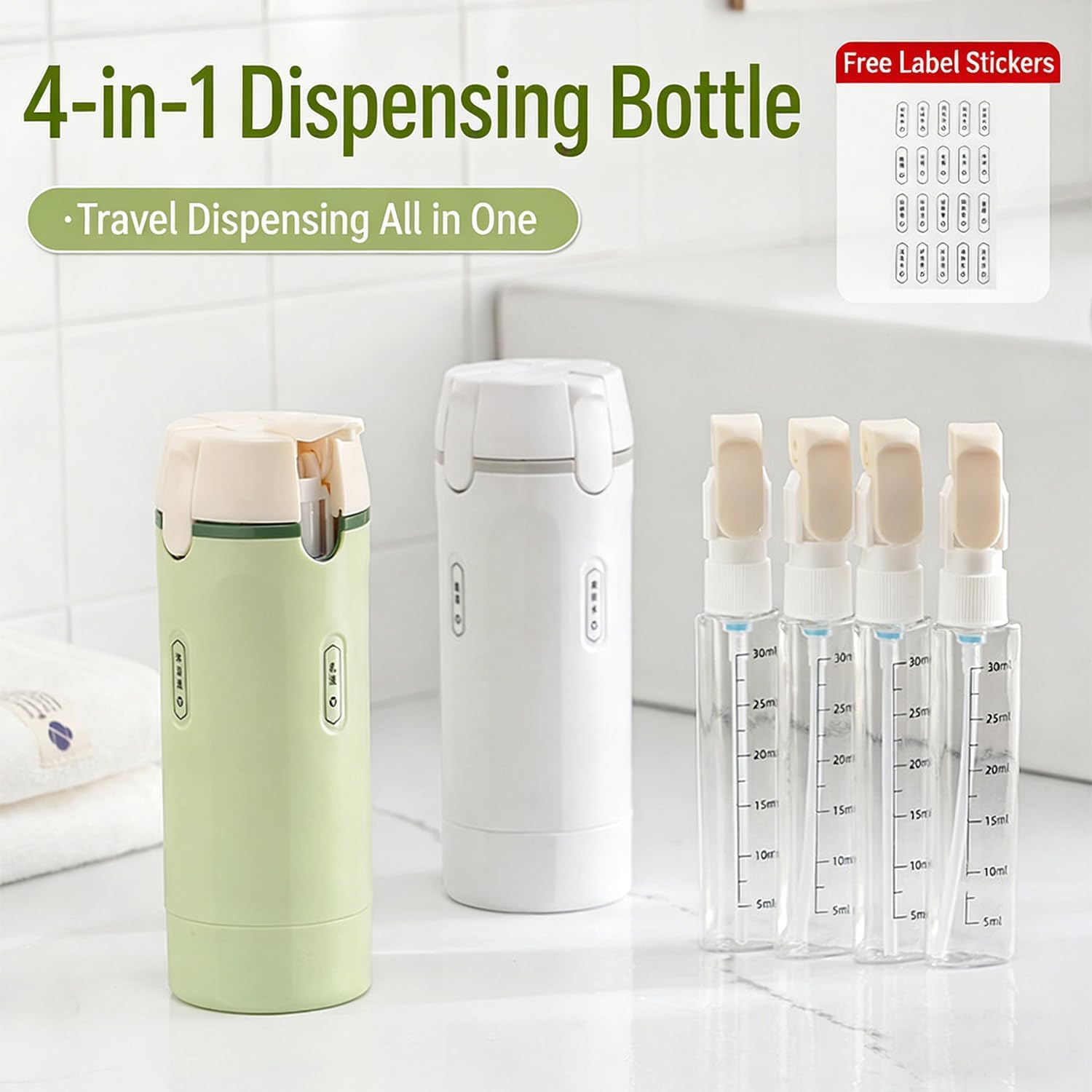 4 in 1 Travel Dispenser Bottle, 4 Pack 30ML Refillable Travel Formula Dispenser Bottles Pump, for Toiletries, with Scale Label Shampoo Lotion Conditioner Cream Storage