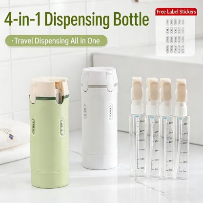 4 in 1 Travel Dispenser Bottle, 4 Pack 30ML Refillable Travel Formula Dispenser Bottles Pump, for Toiletries, with Scale Label Shampoo Lotion Conditioner Cream Storage