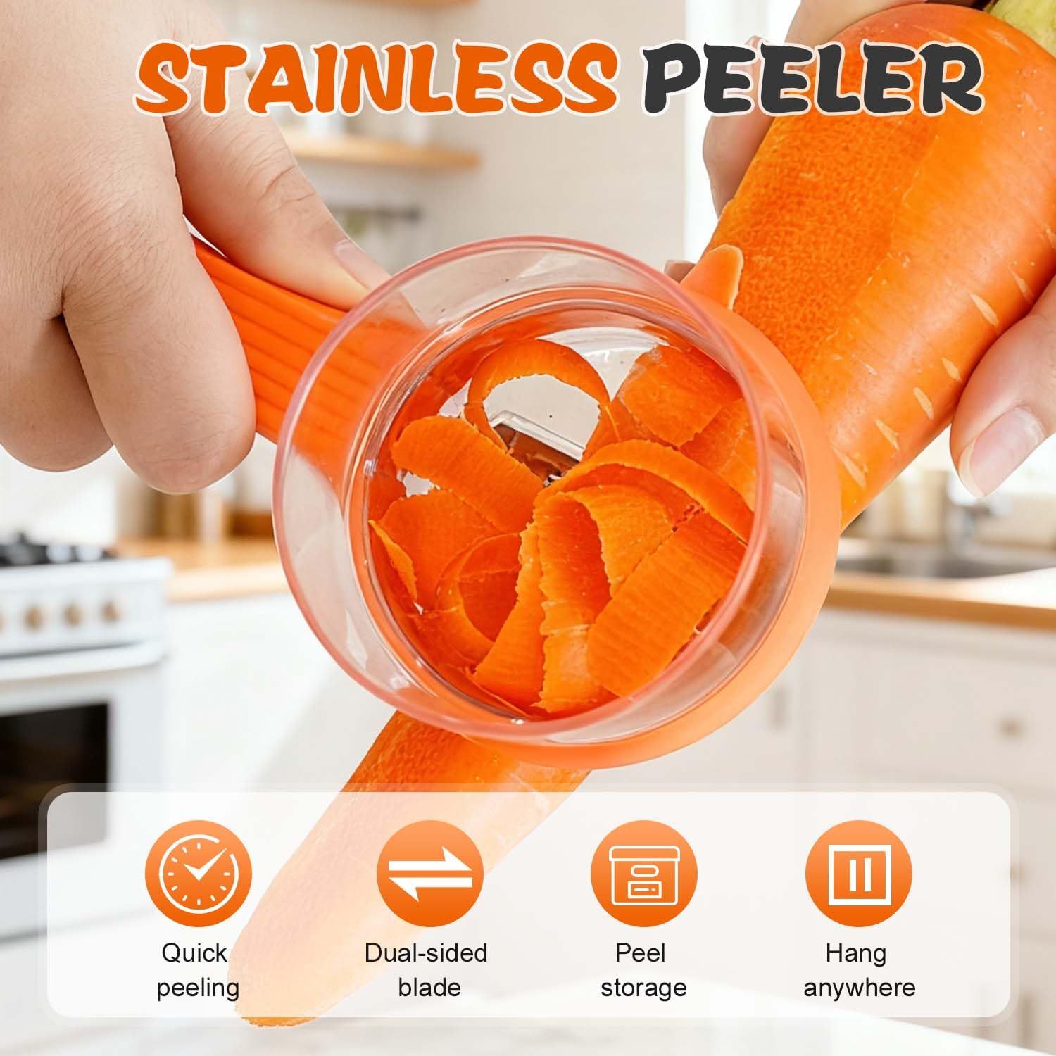 2026 Upgrade Double-Sided Stainless Steel Fruit & Vegetable Peeler with Storage Box & Catcher Bucket - Multi-Function Kitchen Peeler, Ergonomic & Efficient