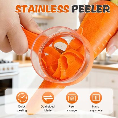 2026 Upgrade Double-Sided Stainless Steel Fruit & Vegetable Peeler with Storage Box & Catcher Bucket - Multi-Function Kitchen Peeler, Ergonomic & Efficient