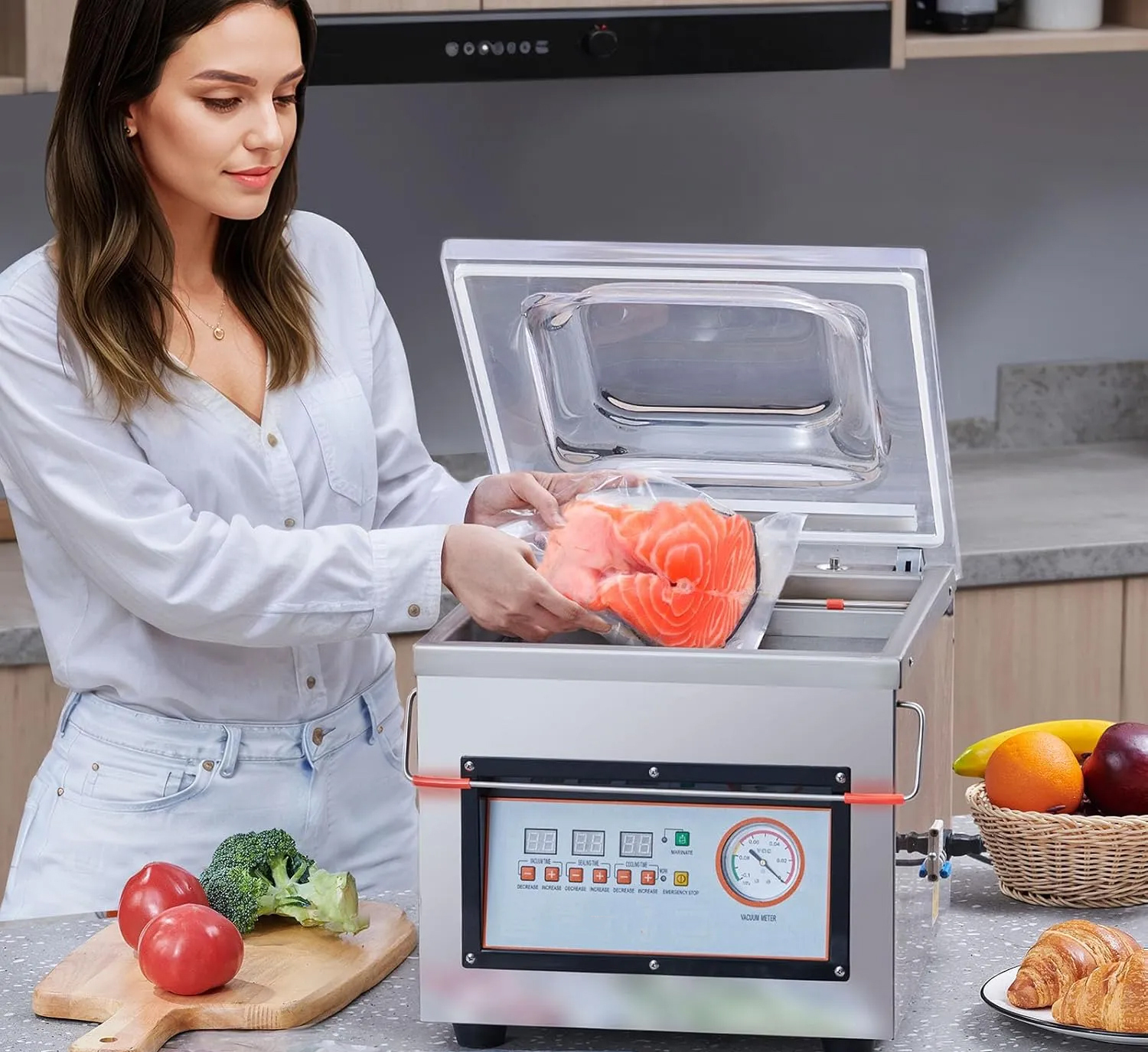  Chamber Vacuum Sealer, 320W Sealing Power, Vacuum Packing Machine for Wet Foods, Meats, Marinades and More, Compact Size with 12.6 in Sealing Length, Applied in Home Kitchen and Commercial Use