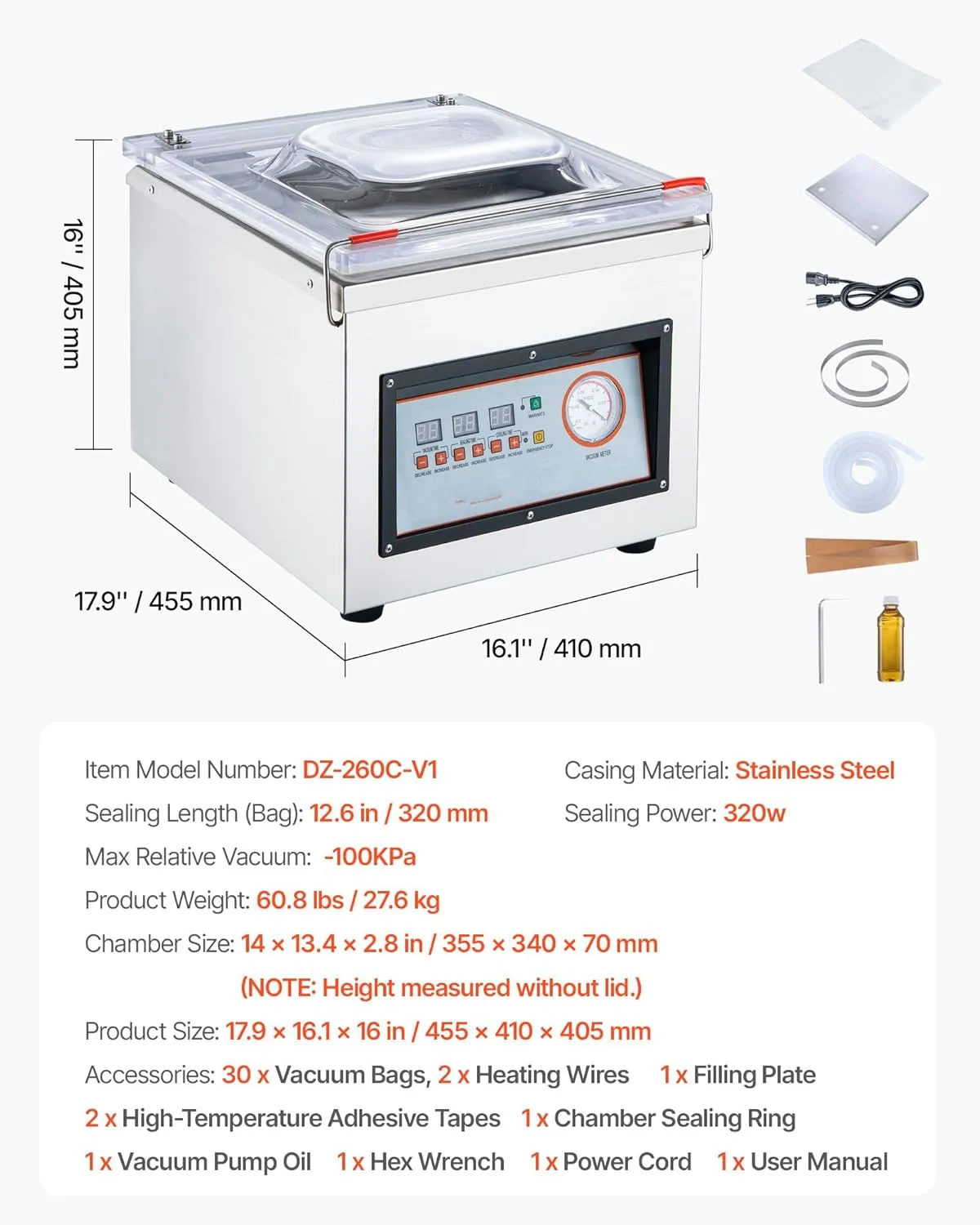  Chamber Vacuum Sealer, 320W Sealing Power, Vacuum Packing Machine for Wet Foods, Meats, Marinades and More, Compact Size with 12.6 in Sealing Length, Applied in Home Kitchen and Commercial Use
