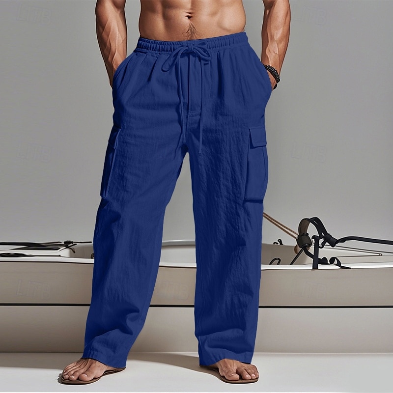 Men's Cargo Pants Trousers Summer Pants Beach Pants Gauze Pants Drawstring Elastic Waist Multi Pocket Plain Comfort Breathable Outdoor Daily Holiday Fashion Classic Style Black White 2025 - HK $181.2 –P9