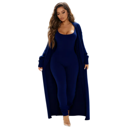 ZZW-Cozy Knit Jumpsuit & Long Cardigan Set