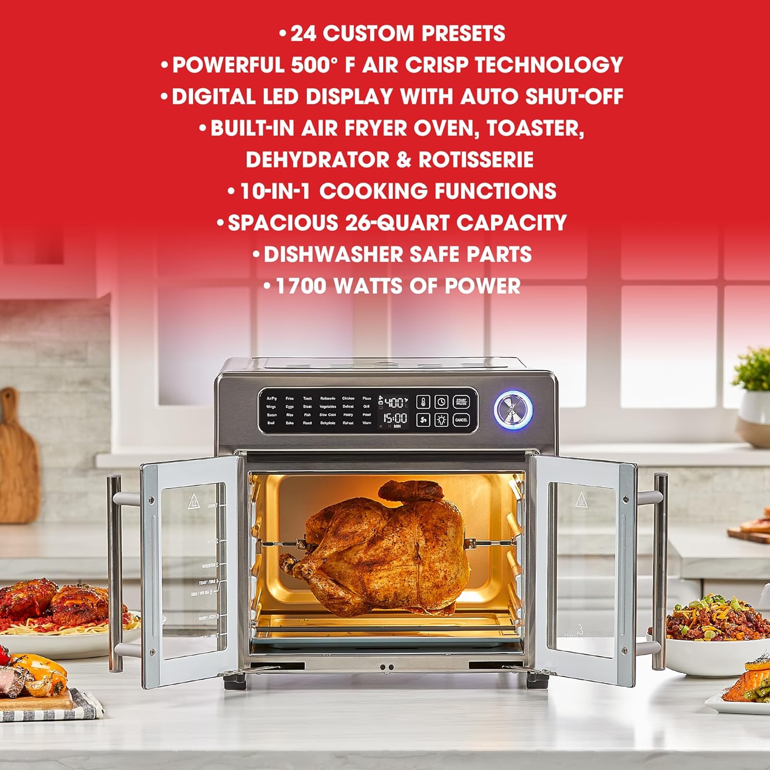 🔥Authorized Exclusive-Save Up To 80%🔥Extra Large French Door Air Fryer Toaster Oven Combo, 25 Cooking Functions and Digital Controls, 7 Accessories Included, Stainless Steel Finish, 26QT Capacity