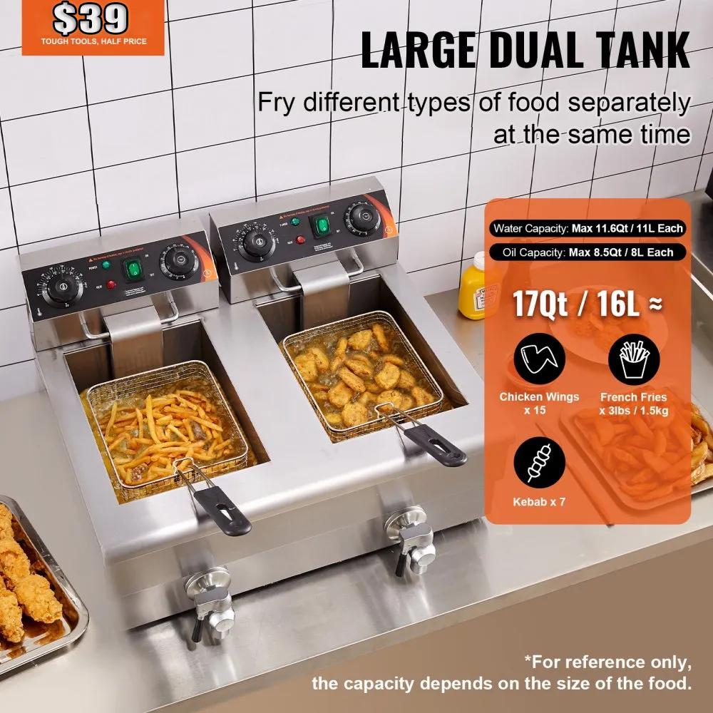 ⚡️Factory wholesale promotion 80% OFF⚡️ Commercial Deep Fryer, Dual Tank 3000W Electric Countertop Fryer with Basket, 2 x 11.6Qt/11L Double Stainless Steel Oil Fryer with Oil Filtration, Time & Temp Control, for Kitchen Restaurant Use