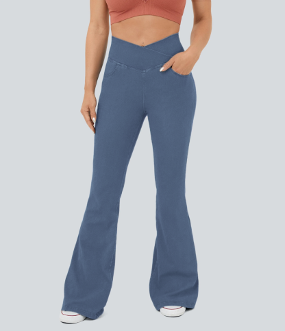 LBF-⚡High Waisted Crossover Pocket Washed Stretchy Knit Casual Super Flare Jeans⚡