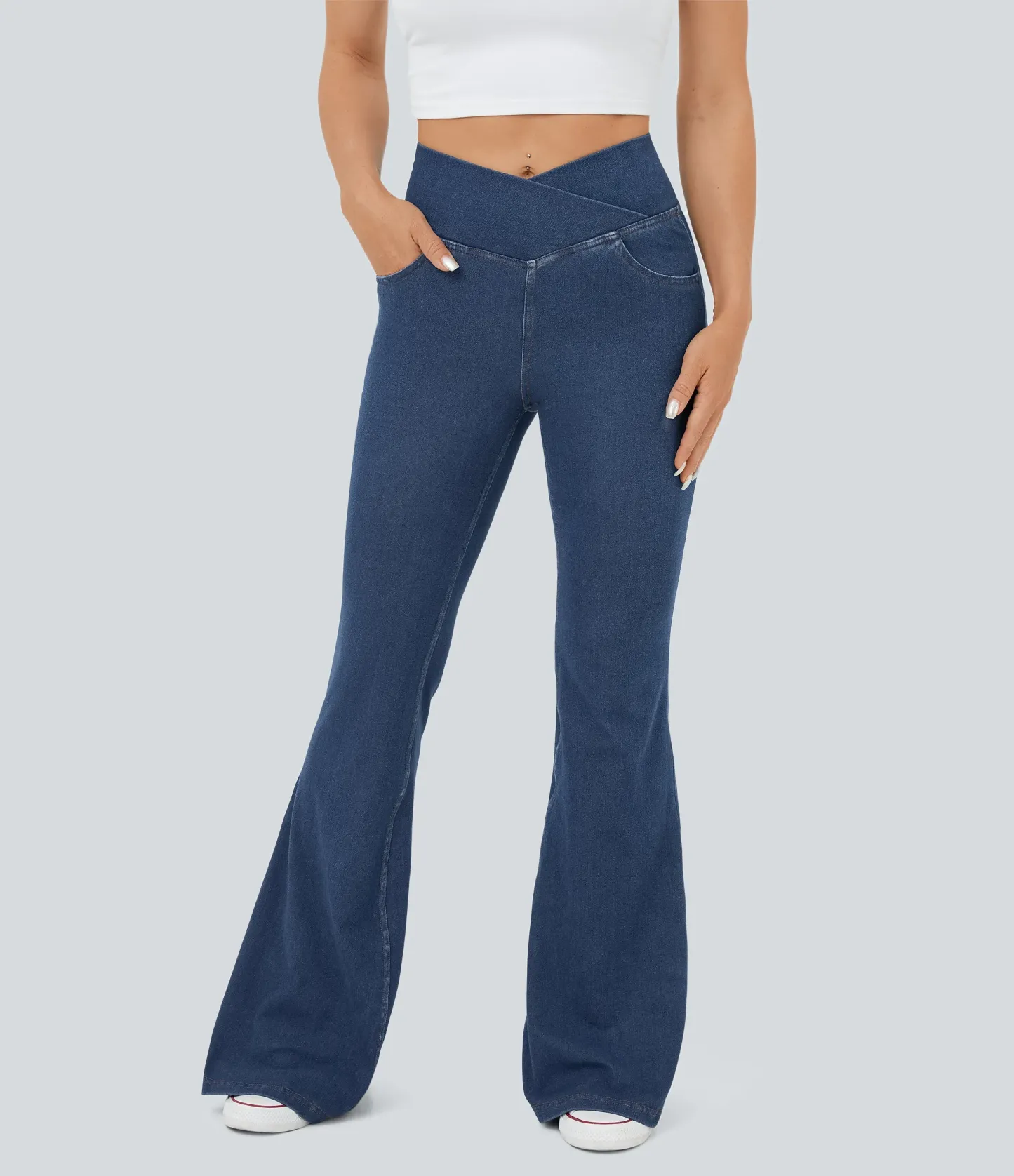 LBF-⚡High Waisted Crossover Pocket Washed Stretchy Knit Casual Super Flare Jeans⚡
