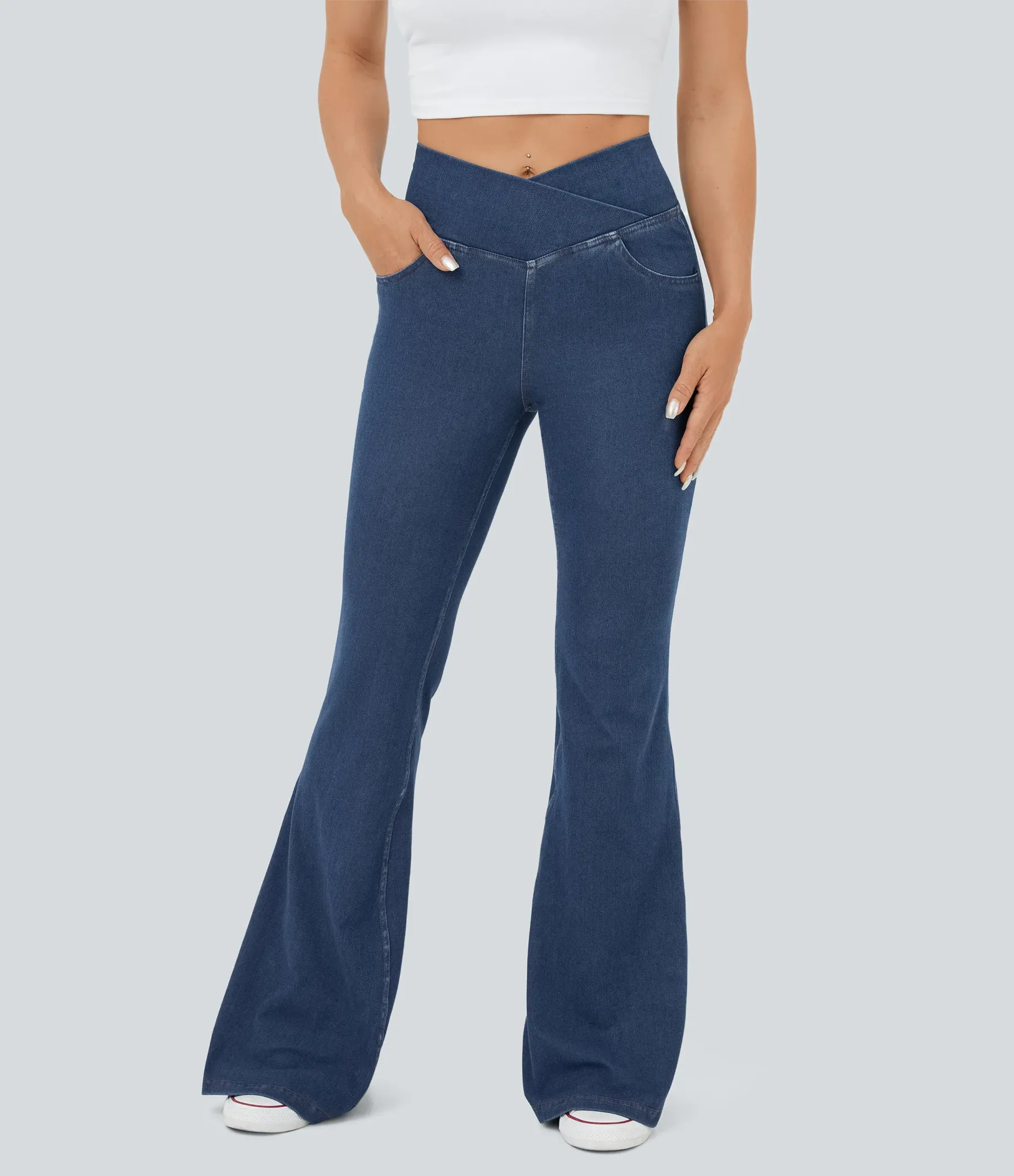 LBF-⚡High Waisted Crossover Pocket Washed Stretchy Knit Casual Super Flare Jeans⚡