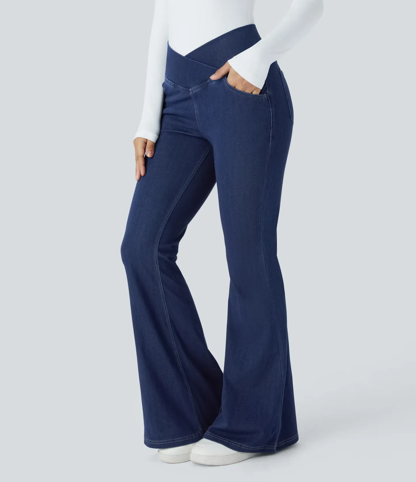 LBF-⚡High Waisted Crossover Pocket Washed Stretchy Knit Casual Super Flare Jeans⚡