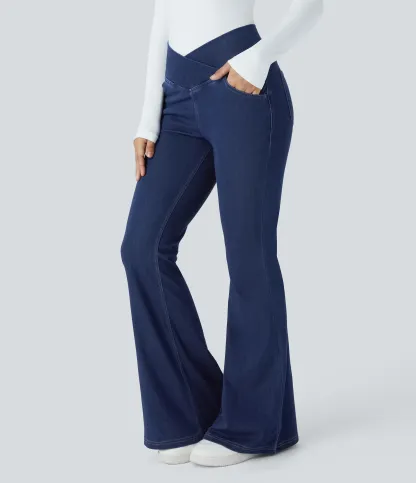 LBF-⚡High Waisted Crossover Pocket Washed Stretchy Knit Casual Super Flare Jeans⚡