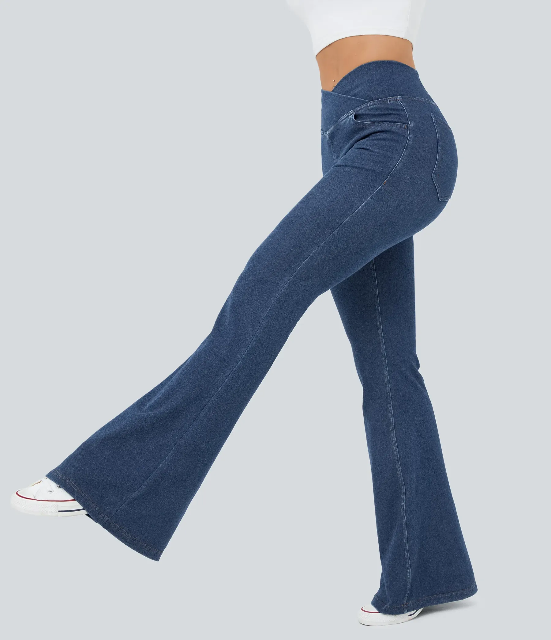 LBF-⚡High Waisted Crossover Pocket Washed Stretchy Knit Casual Super Flare Jeans⚡