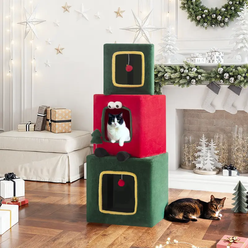 Spring Sale💥Christmas Tree Cat Tower with Ornament Balls & Cozy Condo