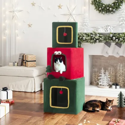 Spring Sale💥Christmas Tree Cat Tower with Ornament Balls & Cozy Condo