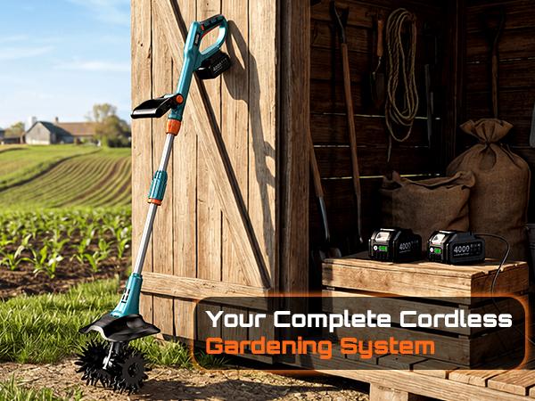 SEESII Electric Tiller for Gardening, 360 RPM Rototiller Cordless Cultivator, Total 8000mAh Battery Powered Garden Tiller 4 Pcs Blades for Smooth Tilling, Handheld Tiller for Raised Garden Beds Outdoorfun