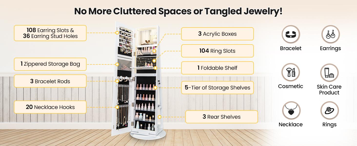 COSTWAY 360&deg; Swivel Jewelry Armoire with Full Length Mirror, Rear Storage Shelves, Lockable Standing Jewelry Cabinet Organizer with Interior Vanity Mirror and 3-Color Lights, Christmas Festival Gift Black Friday Cyber Monday