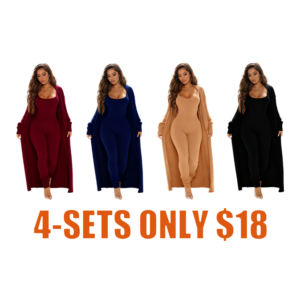 ZZW-Cozy Knit Jumpsuit & Long Cardigan Set
