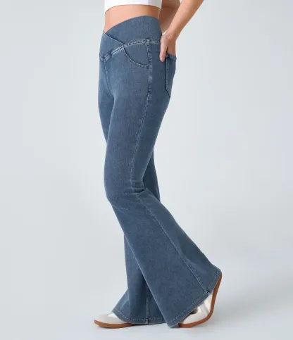 LBF-⚡High Waisted Crossover Pocket Washed Stretchy Knit Casual Super Flare Jeans⚡