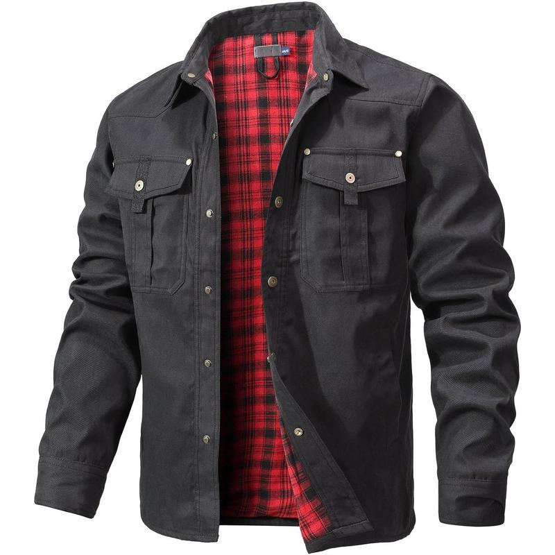 Men's Flannel Lined Shacket Jacket Plaid Brushed Lining Cowboy Western Twill Outdoor Shirt Jacket