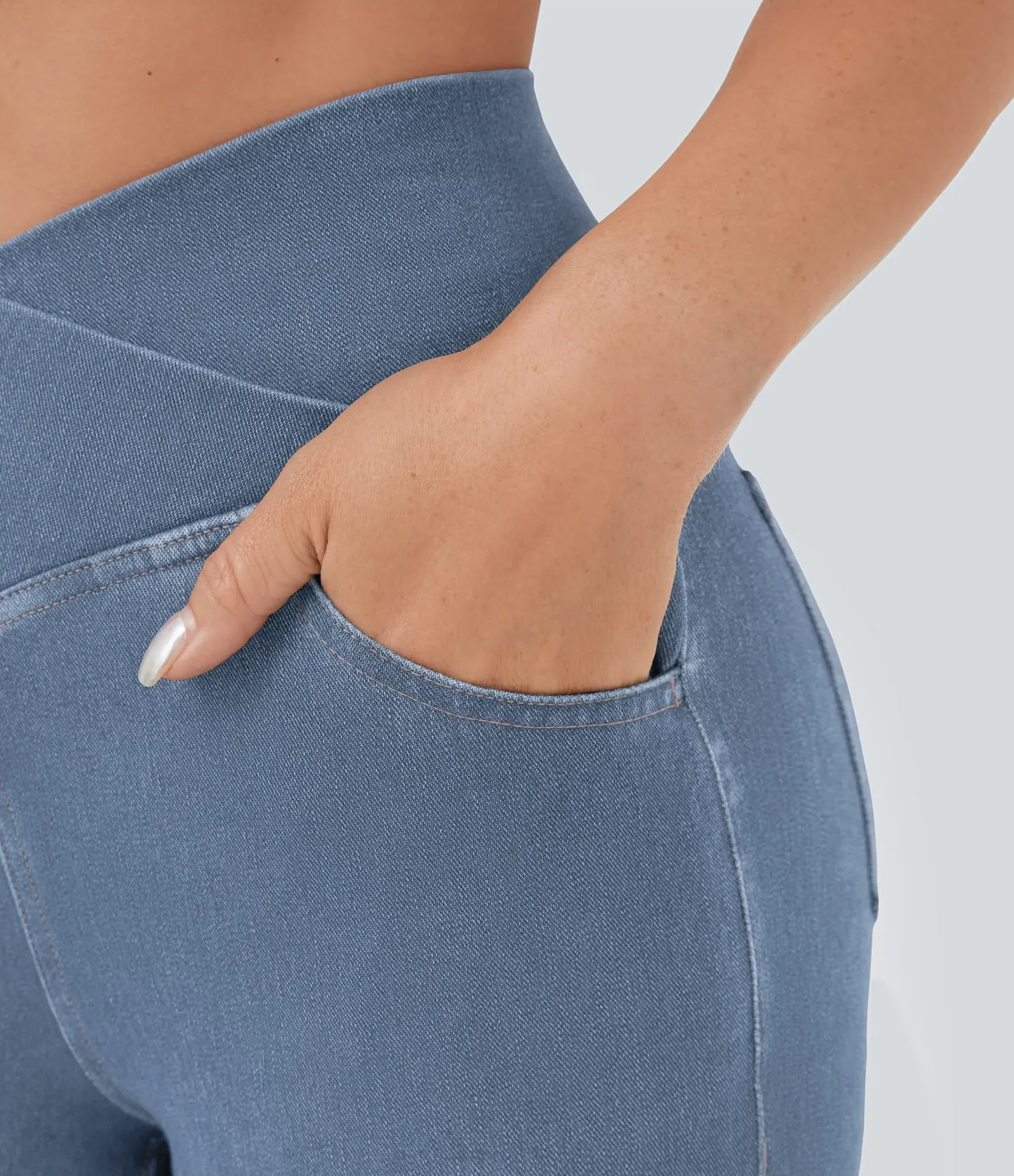 LBF-⚡High Waisted Crossover Pocket Washed Stretchy Knit Casual Super Flare Jeans⚡