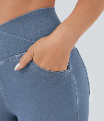 LBF-⚡High Waisted Crossover Pocket Washed Stretchy Knit Casual Super Flare Jeans⚡