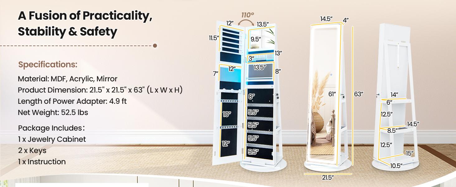 COSTWAY 360&deg; Swivel Jewelry Armoire with Full Length Mirror, Rear Storage Shelves, Lockable Standing Jewelry Cabinet Organizer with Interior Vanity Mirror and 3-Color Lights, Christmas Festival Gift Black Friday Cyber Monday