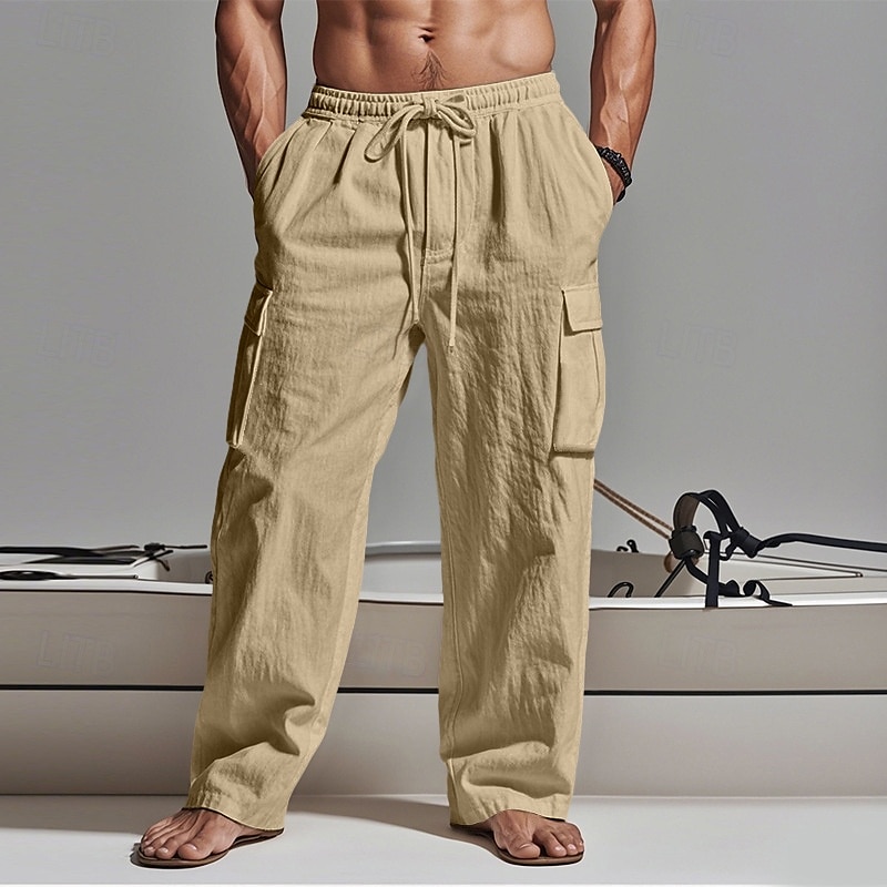 Men's Cargo Pants Trousers Summer Pants Beach Pants Gauze Pants Drawstring Elastic Waist Multi Pocket Plain Comfort Breathable Outdoor Daily Holiday Fashion Classic Style Black White 2025 - HK $181.2 –P7
