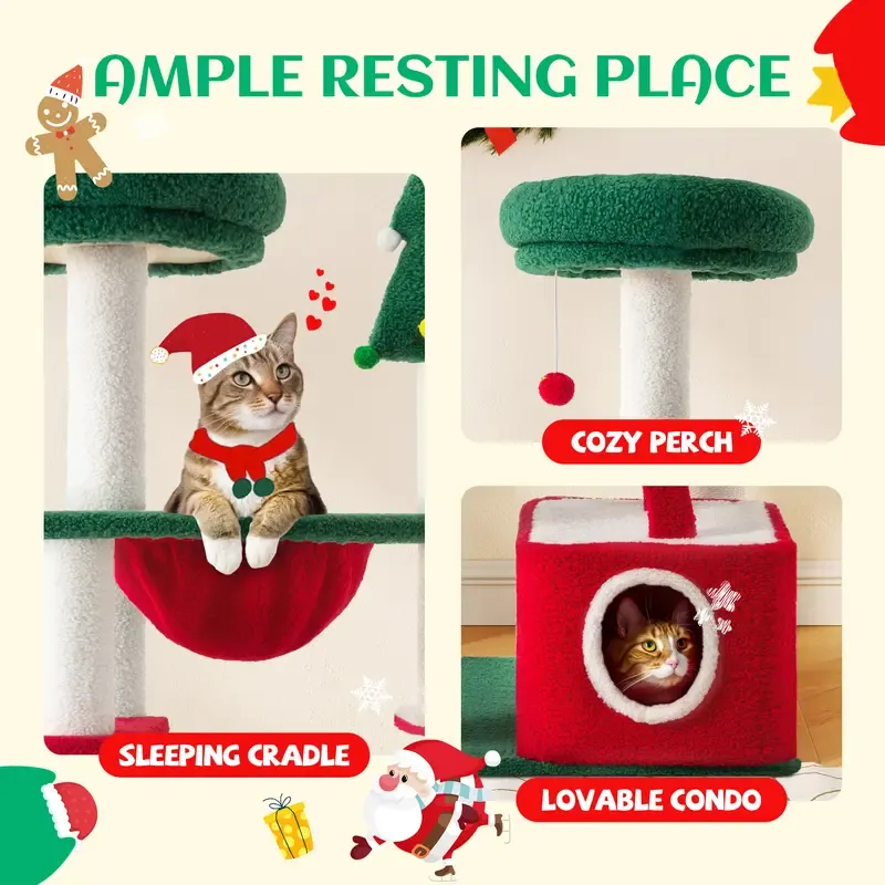 Spring Sale💥Christmas Tree Cat Tower with Ornament Balls & Cozy Condo