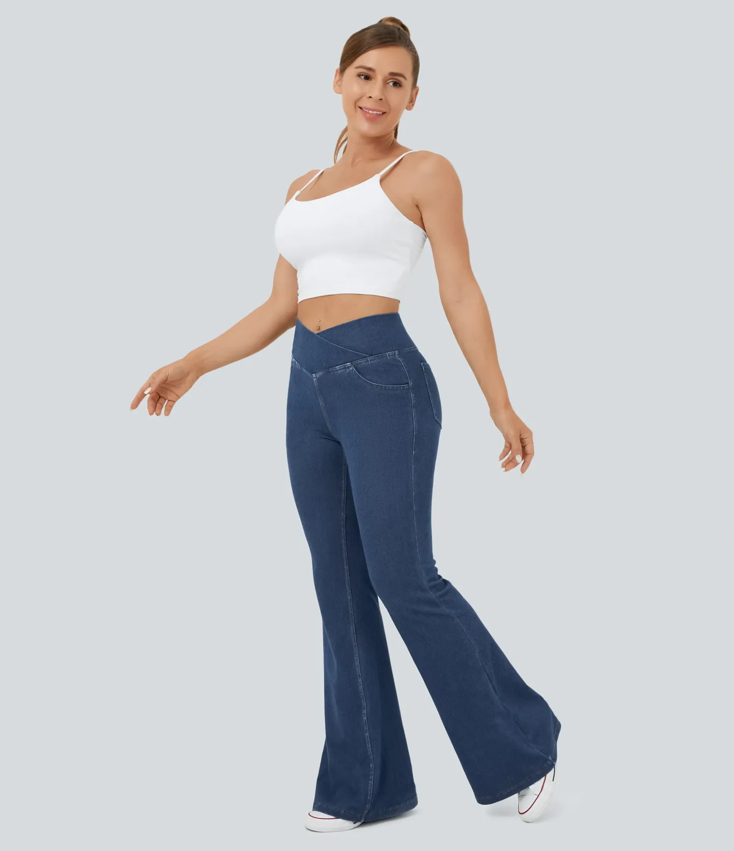 LBF-⚡High Waisted Crossover Pocket Washed Stretchy Knit Casual Super Flare Jeans⚡