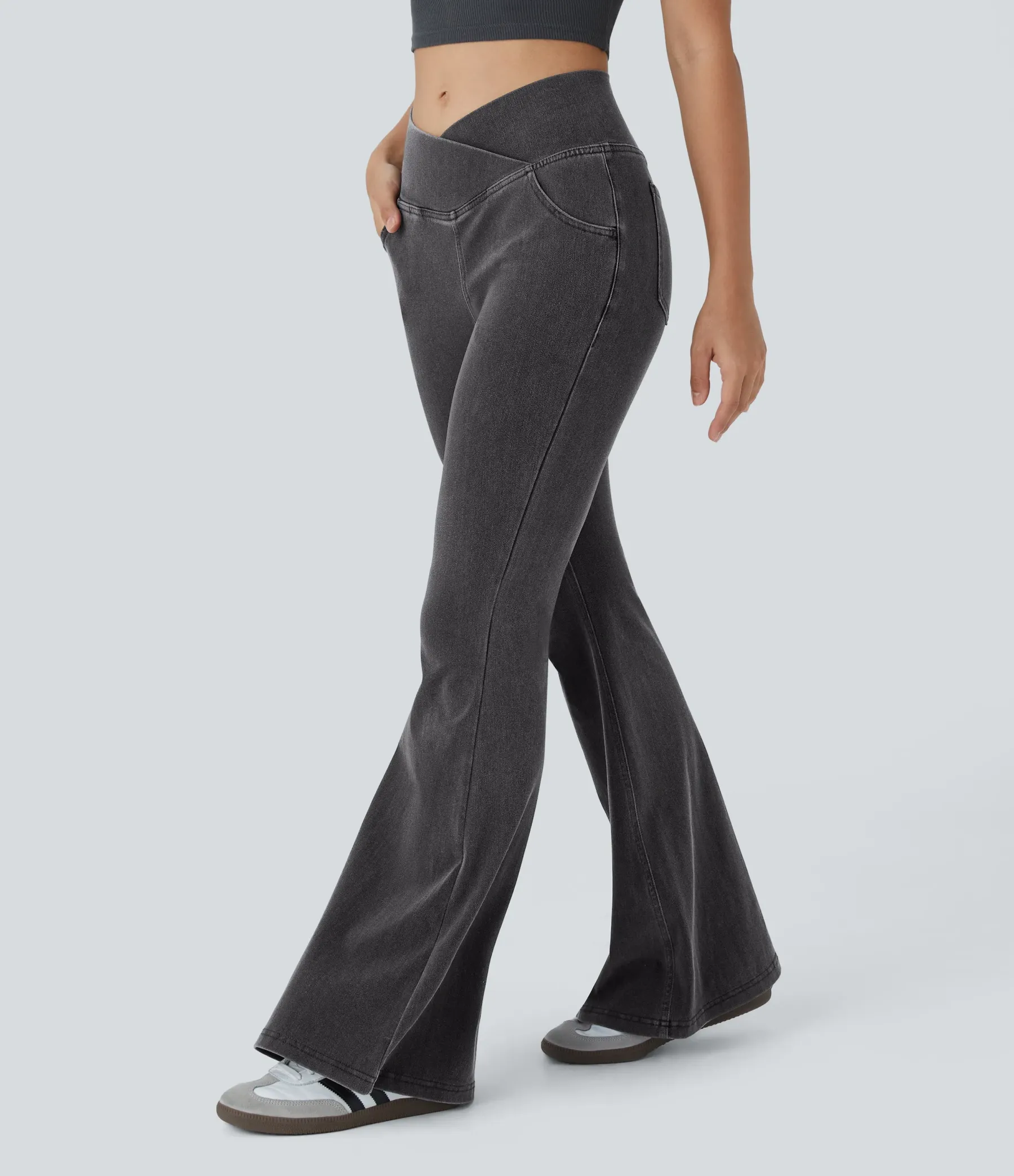 LBF-⚡High Waisted Crossover Pocket Washed Stretchy Knit Casual Super Flare Jeans⚡