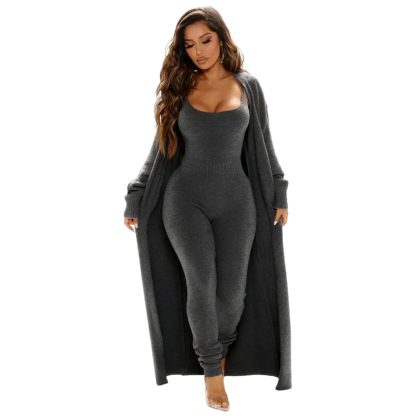 ZZW-Cozy Knit Jumpsuit & Long Cardigan Set
