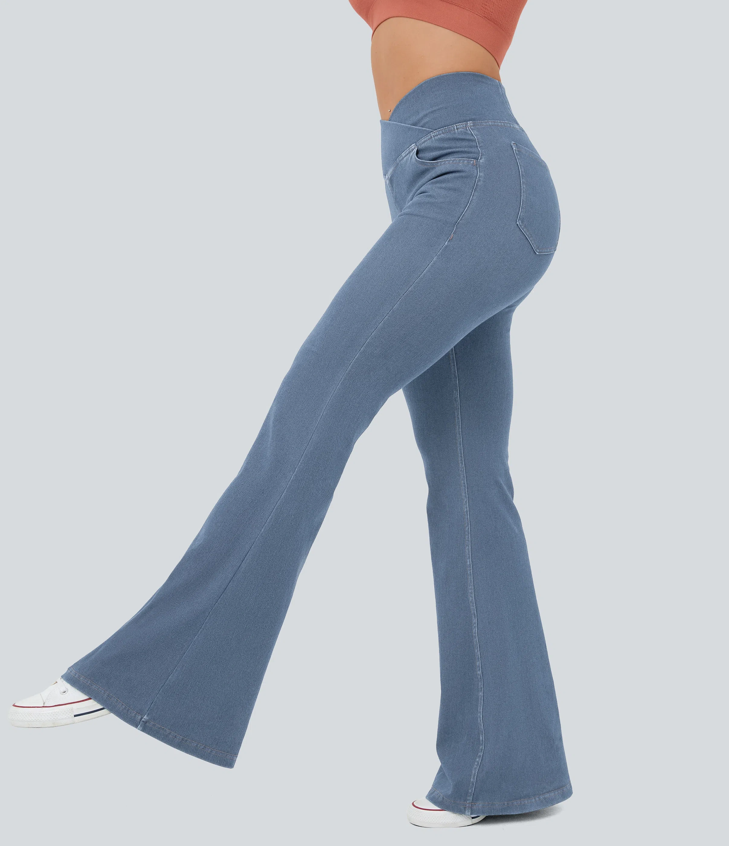 LBF-⚡High Waisted Crossover Pocket Washed Stretchy Knit Casual Super Flare Jeans⚡