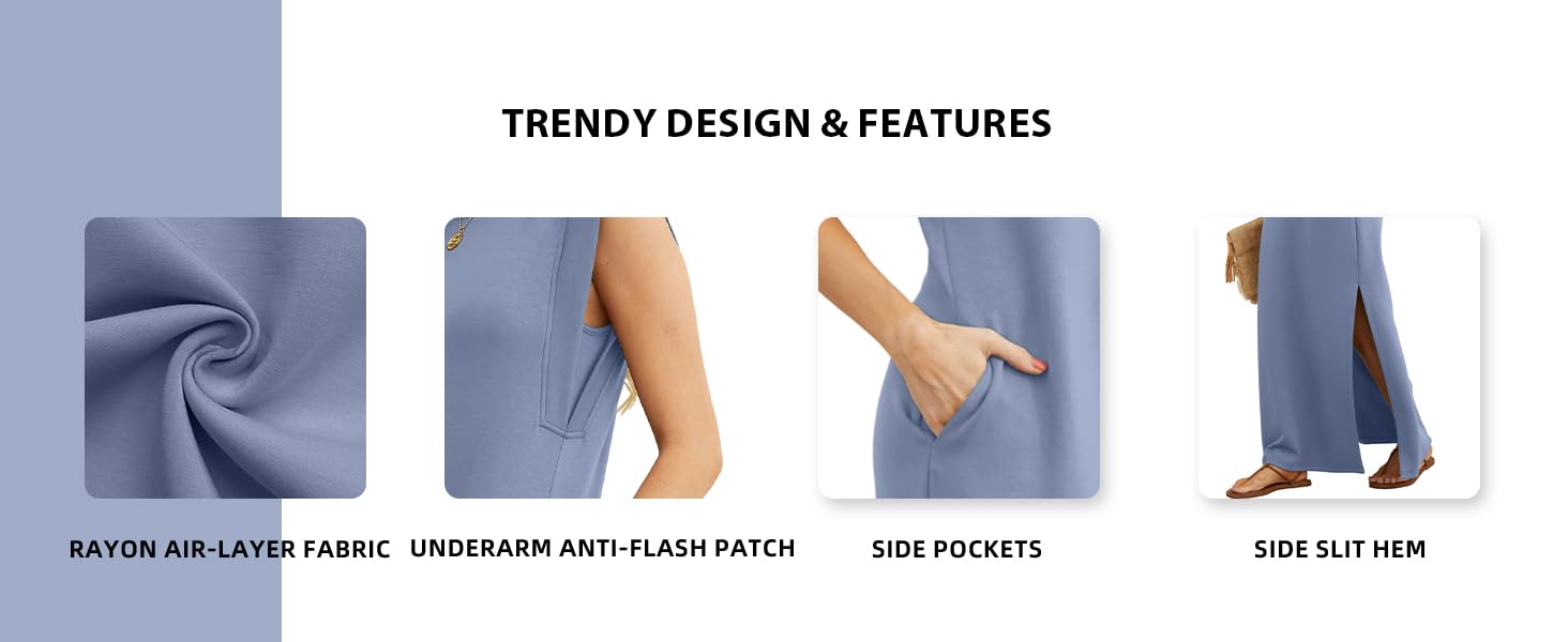 Features: Rayon Air-layer Fabric, Underarm anti-flash patch, Side Pockets, Side Slit Hem 